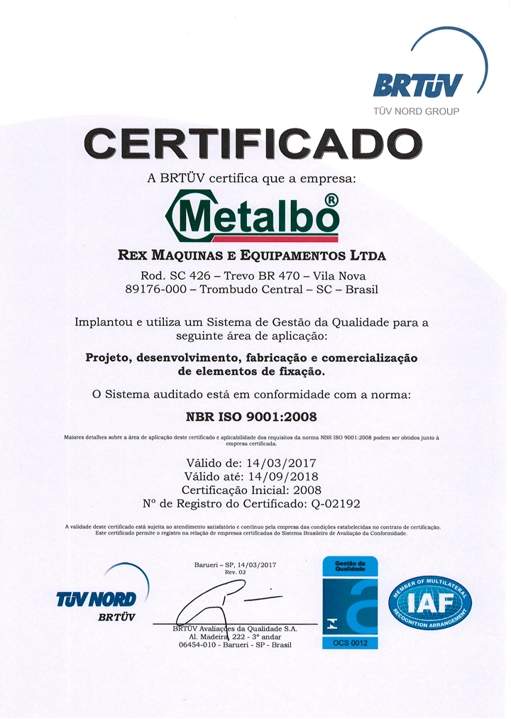 Certificado ISO:9001 Metalbo